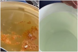 Fotos mostram o antes e depois do processo de limpeza da água com mistura em pó (Imagem: YouTube/Reprodução)