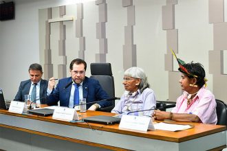 Graciano Aedzane Pronhopa e Arlnaldo Tsererowe na CPI das ONGs: defesa de exploração econômica em terras indígenas (Foto: Geraldo Magela/Agência Senado)