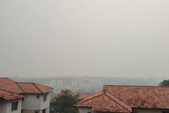 Prédios e áreas de mata urbana na zona norte de Manaus são encobertas por fumaça (Foto: AM ATUAL)
