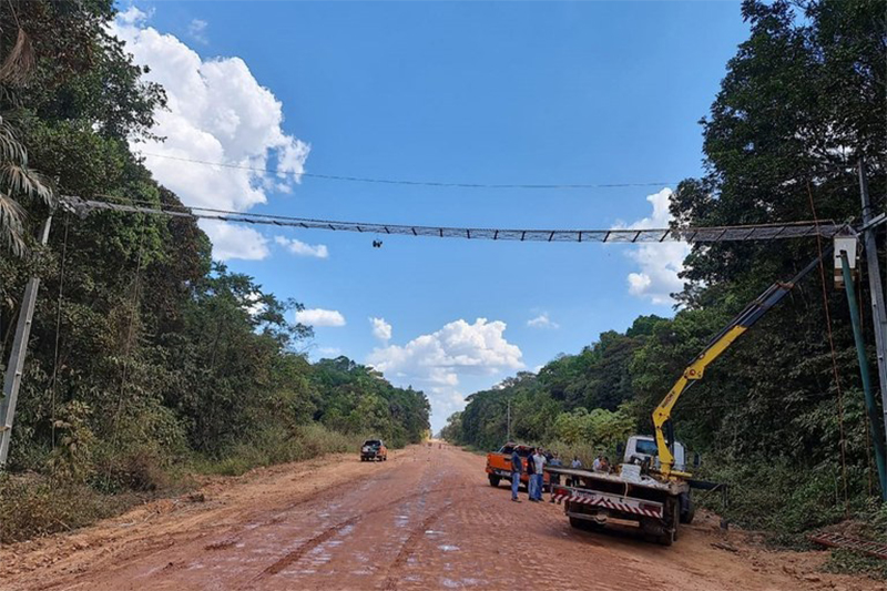 Técnicos do DNIT inspecionam ponte suspensa para animais em trecho da BR-319: sem definição sobre asfaltamento (Foto: DNIT/Divulgação)