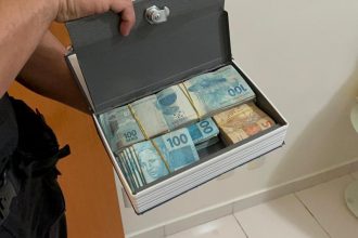 Dinheiro em notas de R$ 100 e R$ 50 foi encontrado em caixa na casa de suspeito (Foto: Polícia Federal/Divulgação)