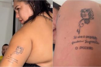 Leide Diana e o antes e depois da tatuagem: correção na grafia (Foto: WhatsApp/Reprodução)