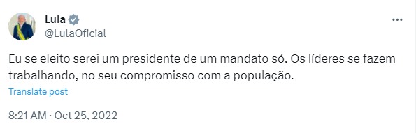 Postagem de Lula em 2022, cinco dias antes do segundo turno (Reprodução Twitter/@LulaOficial)
