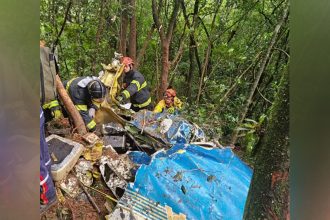 Bombeiros recolhem destroços do avião (Foto: Corpo de Bombeiros/Divulgação)