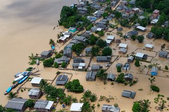 Casas estão quase submersas com cheia do Rio Acre (Foto: Marcos Vicentti/Gov AC/Secom)