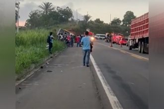 Ônibus tombou na pista. Causas do acidente ainda não foram esclarecidas (Imagem: YouTube/Reprodução)