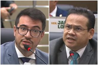 Rodrigo Guedes e Eduardo Alfaia bateram boca na primeira sessão após a nova configuração política (Imagens: Reprodução/YouTube/CMM)