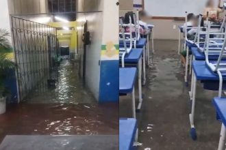 As escolas alagadas devido à chuva (Imagem: Reprodução/redes sociais)