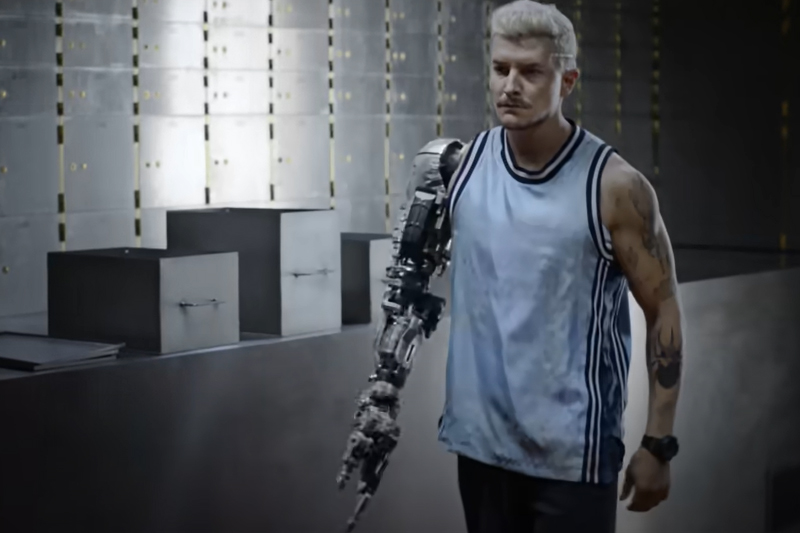 Ator Kleber Toledo em cena de 'Biônicos': atleta robótico (Imagem: YouTube/Reprodução)