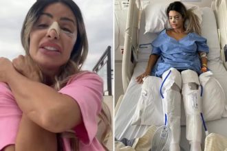 Janaina Prazeres após a cirurgia e internada no hospital: tentativa de feminicídio (Fotos: Instagram/@janainaprazeres)