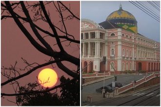 Sol laranja no final da tarde de terça e penumbra na manhã desta quarta em Manaus: efeitos da fumaça (Fotos: Valter Calheiros e AMZ Live)