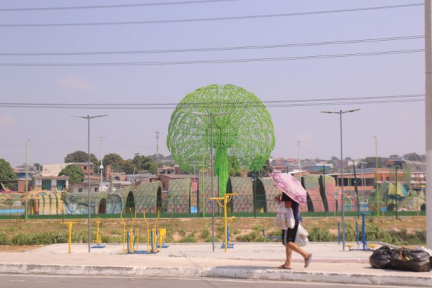 Sombrinha para se proteger do sol na calçada próximo ao Parque Gigantes da Floresta; área sem arborização (Foto: Valter Calheiros/AM ATUAL)