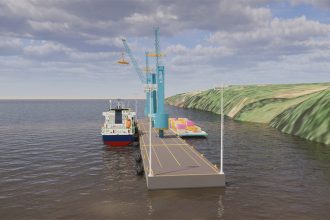 Maquete do porto provisório: estrutura para levar carga até Manaus na seca dos rios no Amazonas (Imagem: Divulgação)