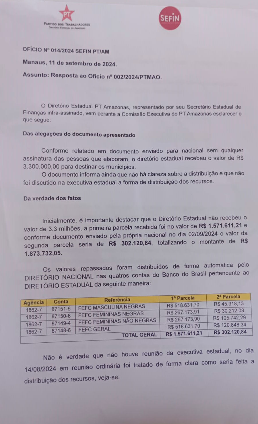 Documento do PT Amazonas