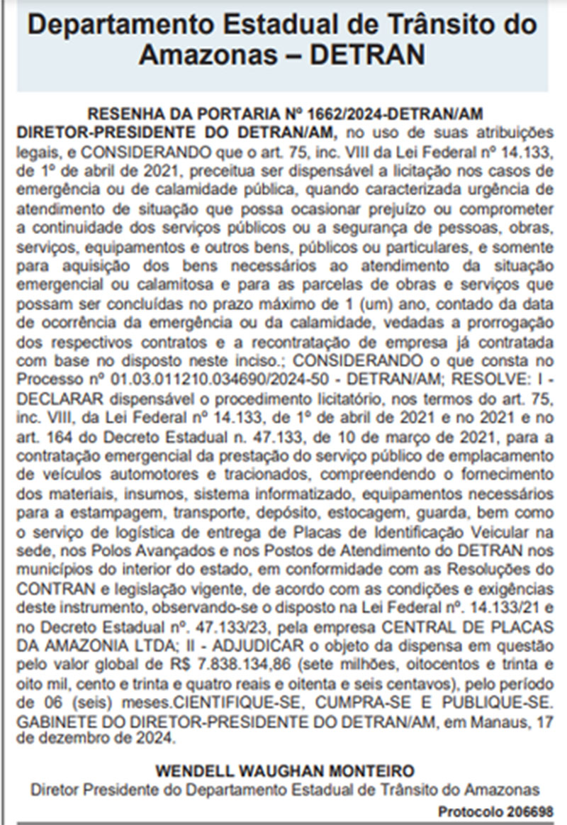 Extrato de contrato do Detran para placas de veículos