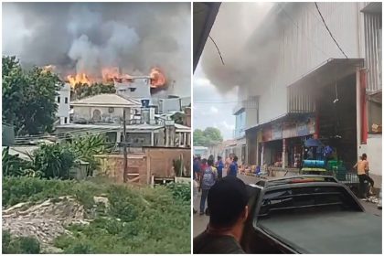 Fogo era visto de longe, conforme vídeos gravados por moradores. Trabalhadores tentaram salvar mercadorias (Imagem: WhatsApp/Reprodução)