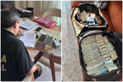 Agente federal inspeciona documentos e dinheiro apreendido em casa de suspeito: esquema milionário (Fotos: PF/Divulgação)