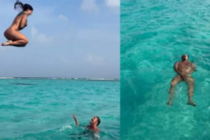 Priscila Castello Branco e Fábio Porchat nus no mar (Imagem: Instagram/Reprodução)