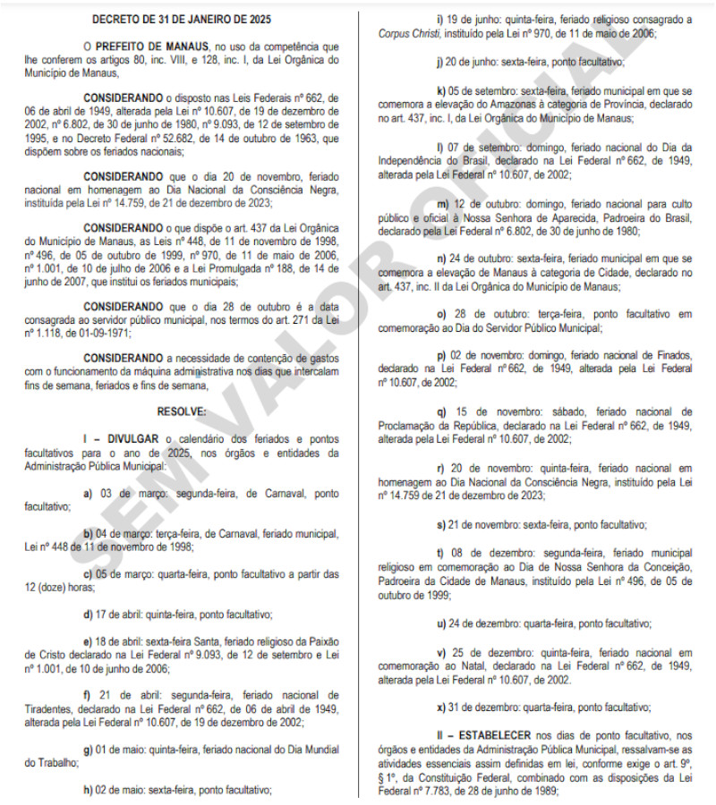 Calendário de feriados Prefeitura de Manaus