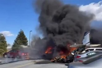 Avião pegou fogo na queda, mas todos os ocupantes sobreviveram (Imagem: X/Reprodução)