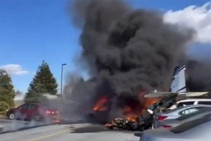 Avião pegou fogo na queda, mas todos os ocupantes sobreviveram (Imagem: X/Reprodução)