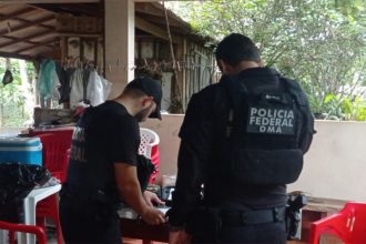 Policiais federais verificam documentos na casa do suspeito: apuração sobre crimes ambientais (Foto: PF/Divulgação)