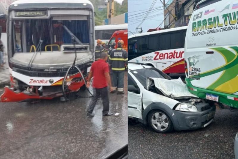 Parte da frente de micro-ônibus foi destruída ao bater em outro veículo (Imagem: Redes sociais/Reprodução)