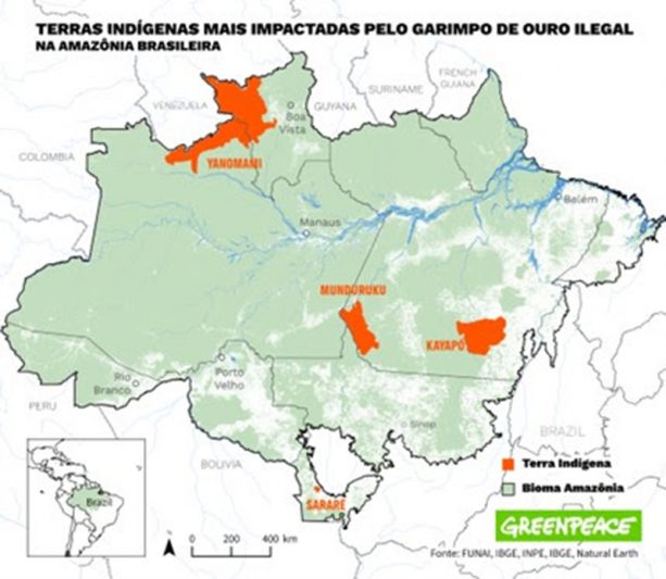 Mapa mostra áreas destruídas pelo garimpo ilegal (Imagem: Greenpeace/Divulgação)
