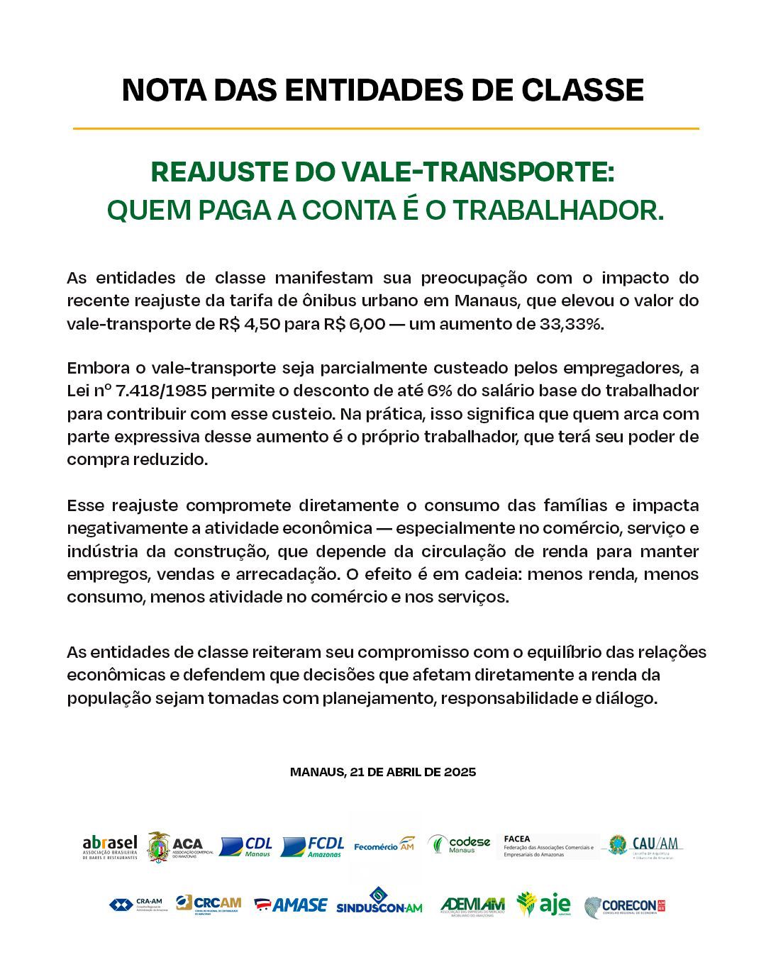 Nota de empresários sobre aumento no preço da passagem de ônibus