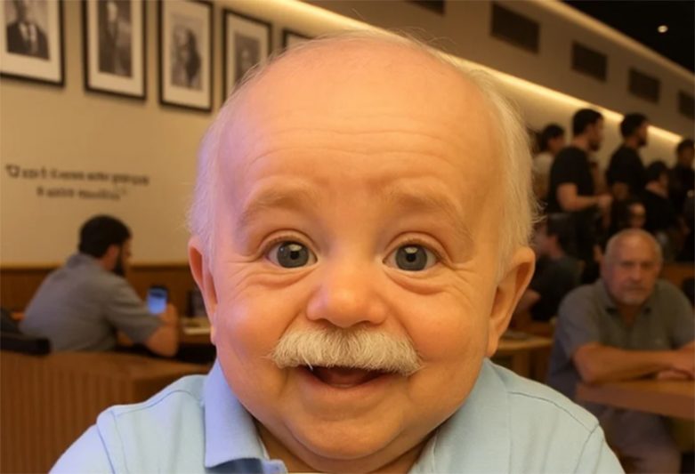 Ary Fontoura com cara de bebê e bigode: vovô reborn (Foto: Instagram/@aryfontoura)