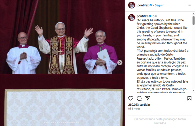 Papa Leão XIV e mensagem no Instagram: participação ativa nas redes sociais (Foto: Instagram/Reprodução)