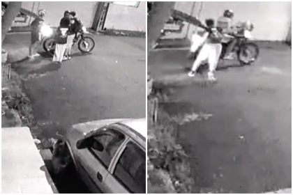 Momento da abordagem dos assaltantes e reação do jovem que usa capacete para acertar piloto da moto (Imagens: Câmera de monitoramento)