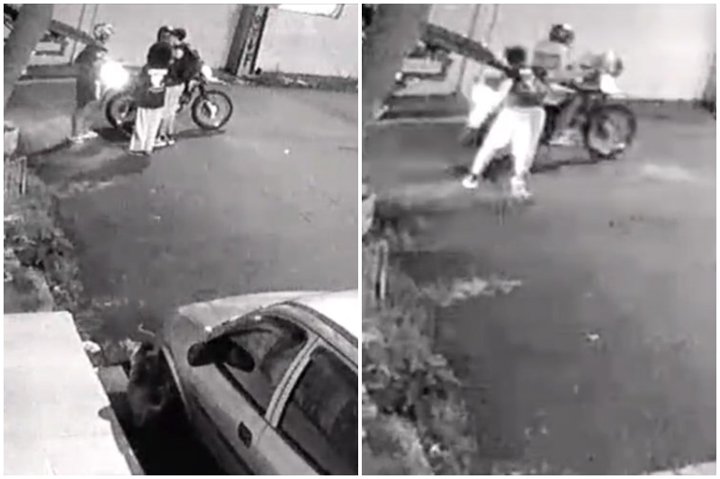 Momento da abordagem dos assaltantes e reação do jovem que usa capacete para acertar piloto da moto (Imagens: Câmera de monitoramento)