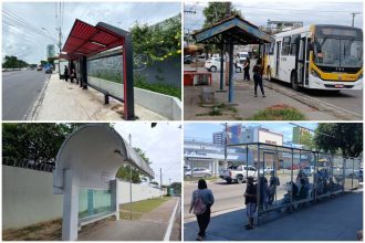 Manaus tem quatro modelos diferentes de abrigos de ônibus (Fotos: Milton Almeida/AM ATUAL e SEMCOM/Divulgação)