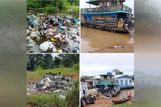 Lixo é deixado às margens de lago e com a cheia material boia na água gerando risco de contaminação (Fotos: Divulgação)