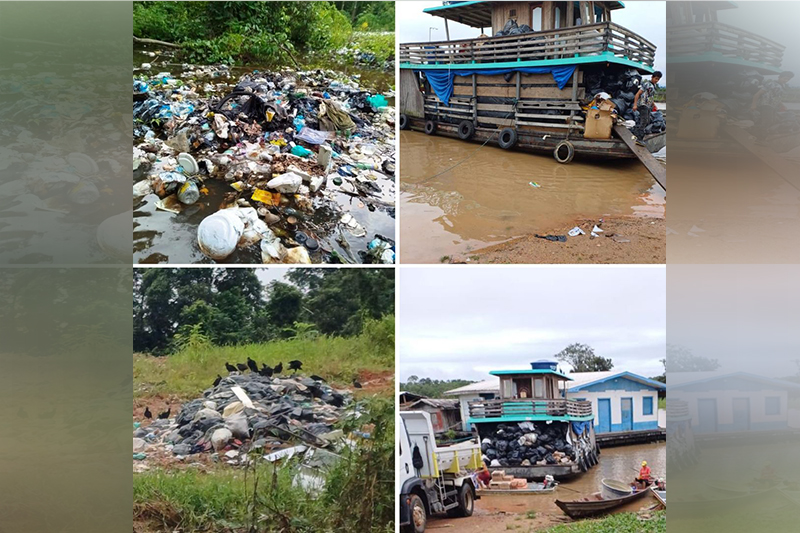 Lixo é deixado às margens de lago e com a cheia material boia na água gerando risco de contaminação (Fotos: Divulgação)