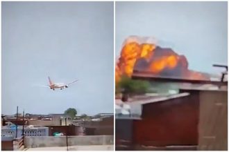 Momento em que o avião perdeu altura, caiu entre prédios e explodiu (Imagens: Instagram/Reprodução)