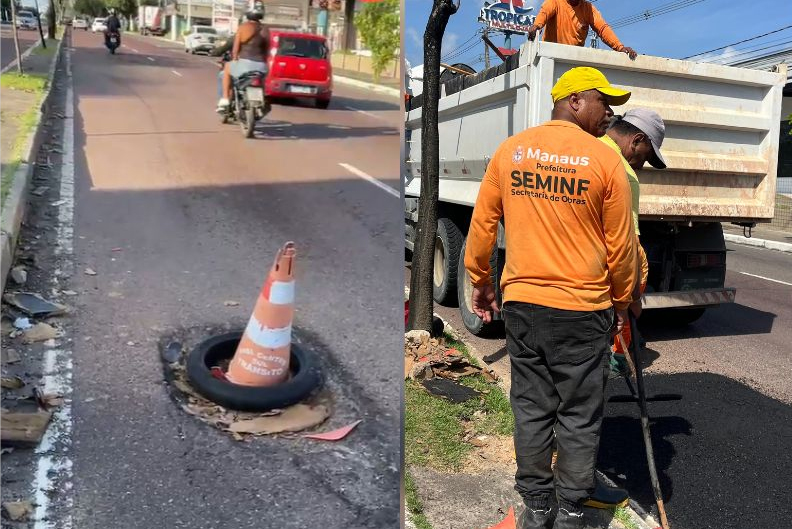 Buraco onde marido de Geovana passou e perdeu equilíbrio da moto e o reparo feito pelos servidores da Seminf: ação reativa do poder público (Fotos: WhatsApp e Semcom/Divulgação)