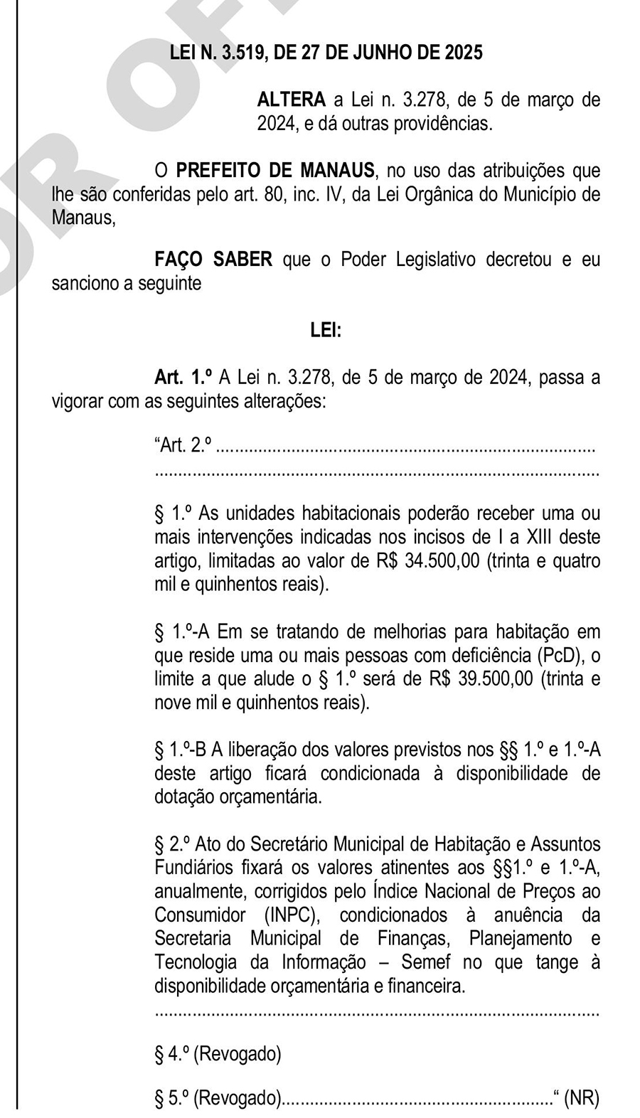 Lei municipal sobre alteração no Casa Manauara