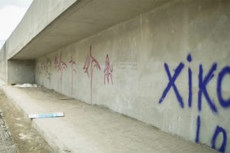 Estrutura da alça de viaduto foi pichada por vândalos (Foto: Dhyeizo Lemos/Semcom)