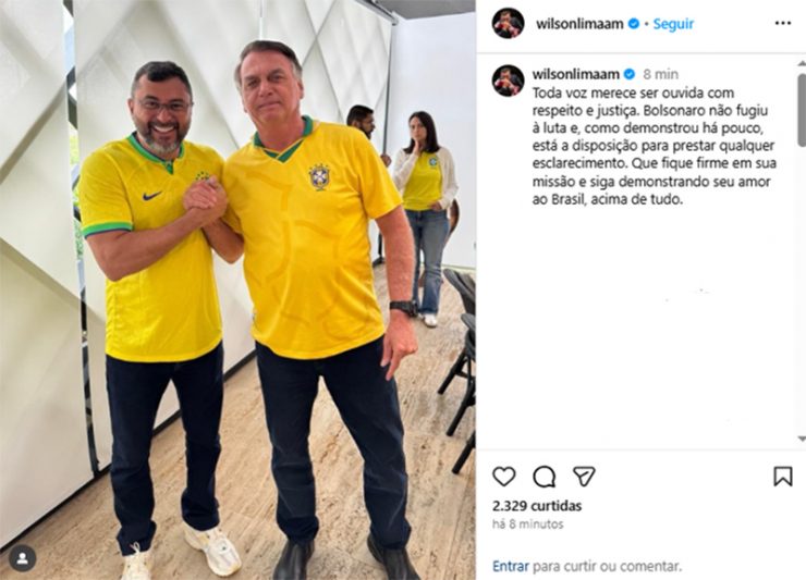 Wilson Lima com Bolsonaro e o texto de apoio ao ex-presidente (Foto: Instagram/Reprodução)