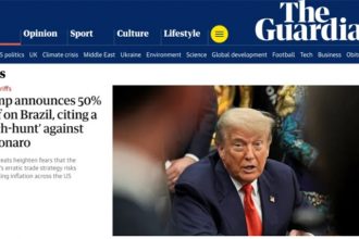 The Guardian deu estaque para as tarifas de Trump contra o Brasil (Imagem: The Guardian/Home page/Reprodução)