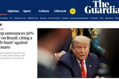 The Guardian deu estaque para as tarifas de Trump contra o Brasil (Imagem: The Guardian/Home page/Reprodução)