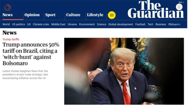 The Guardian deu estaque para as tarifas de Trump contra o Brasil (Imagem: The Guardian/Home page/Reprodução)