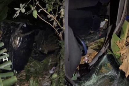 O veículo despencou barranco abaixo e capotou em uma área verde. (Foto: WhatsApp/Reprodução)