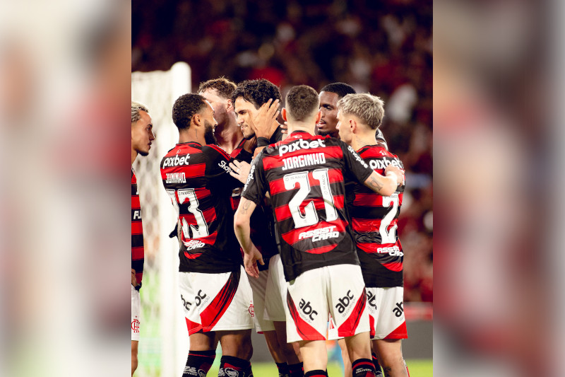 Pedro recebe carinho dos companheiros ao marcar gol da vitória do Flamengo (Foto: Adriano Fontes/Flamengo)