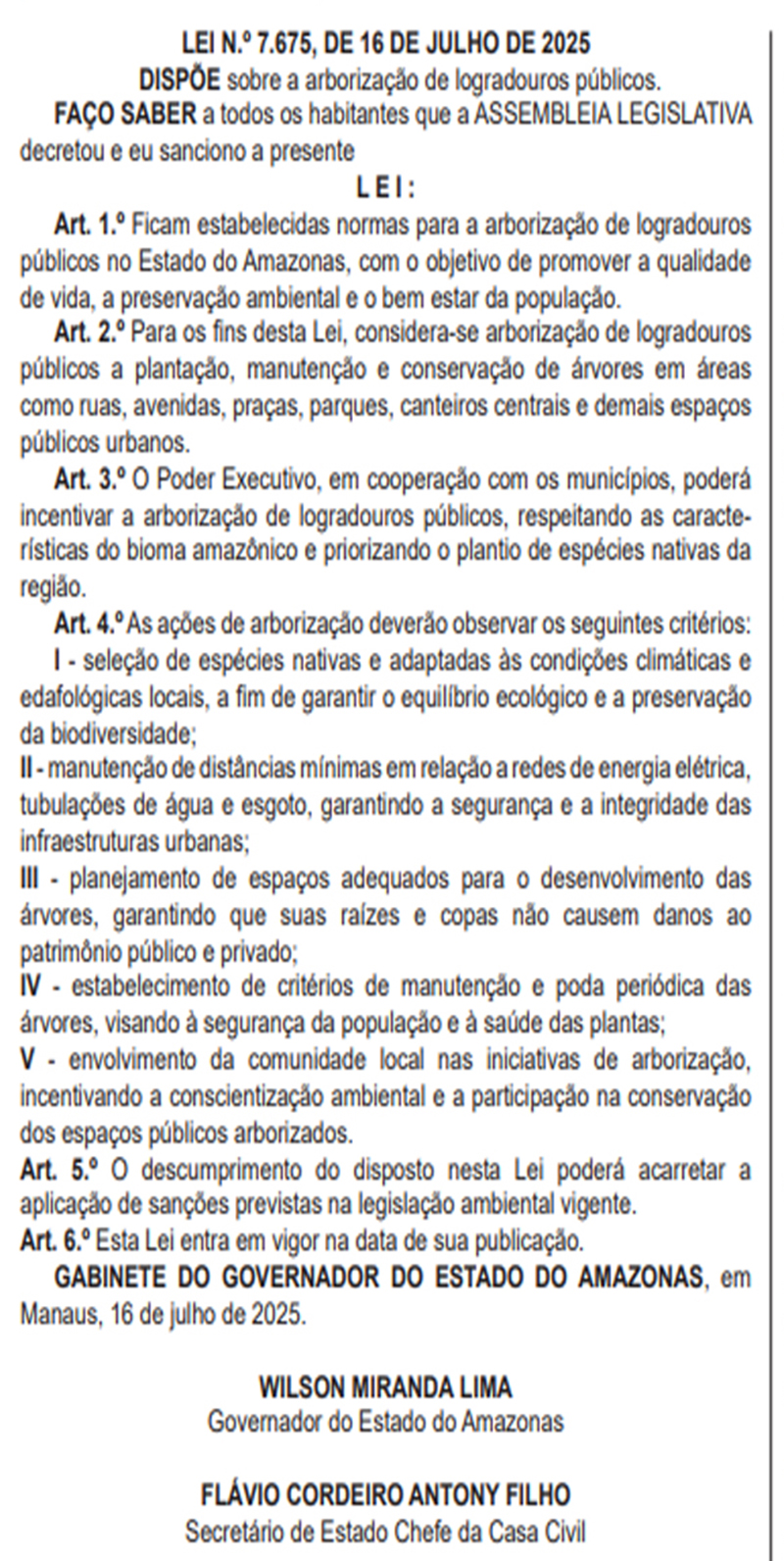 Lei que institui regras para arborização no Amazonas