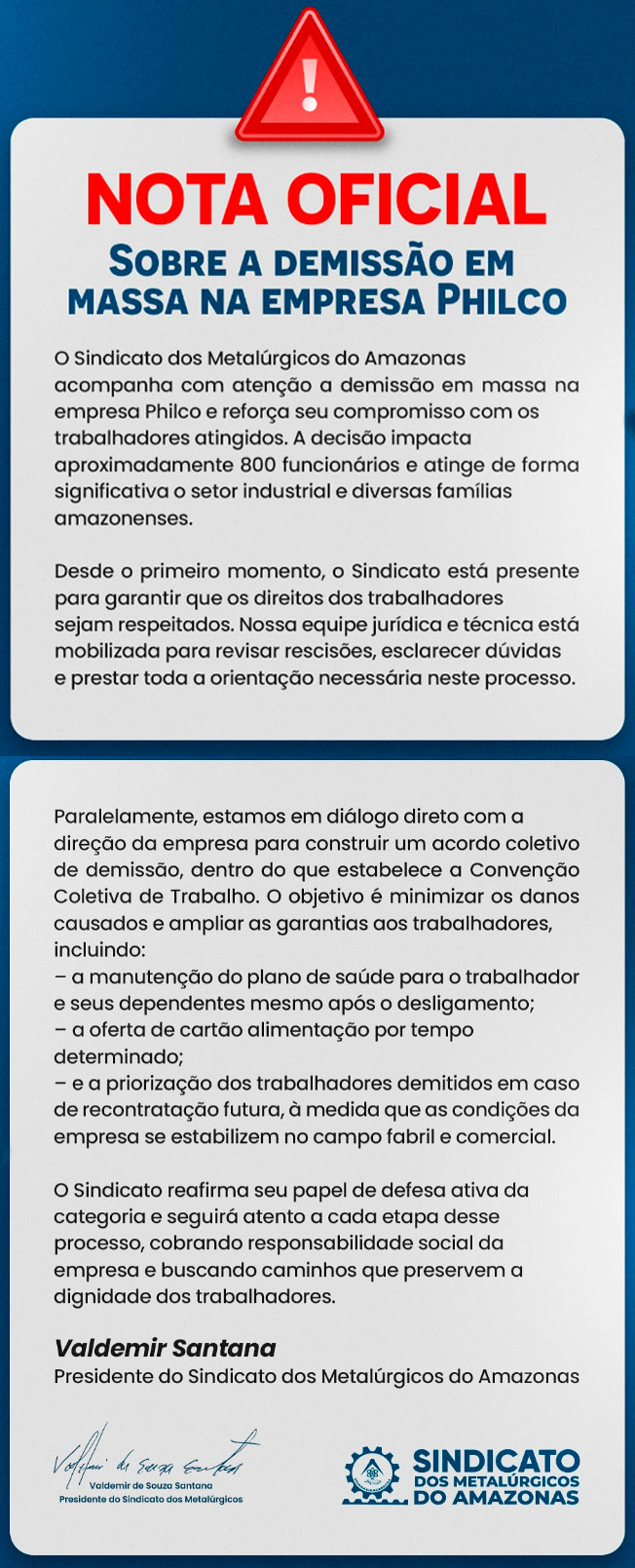 Nota Sindicato dos Metalúrgicos sobre demissão na Philco