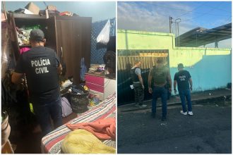 Policial vasculha pertences de suspeito em busca de provas (Foto: PC-AM/Divulgação)