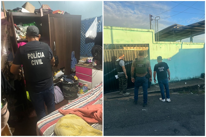 Policial vasculha pertences de suspeito em busca de provas (Foto: PC-AM/Divulgação)